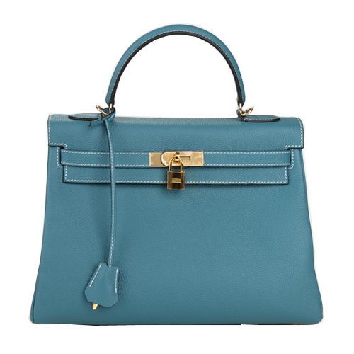 Hermes Kelly 32cm Shoulder Bag Light Blue Original Leather K32 Gold