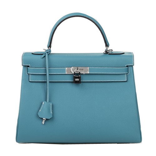 Hermes Kelly 32cm Shoulder Bag Light Blue Original Leather K32 Silver