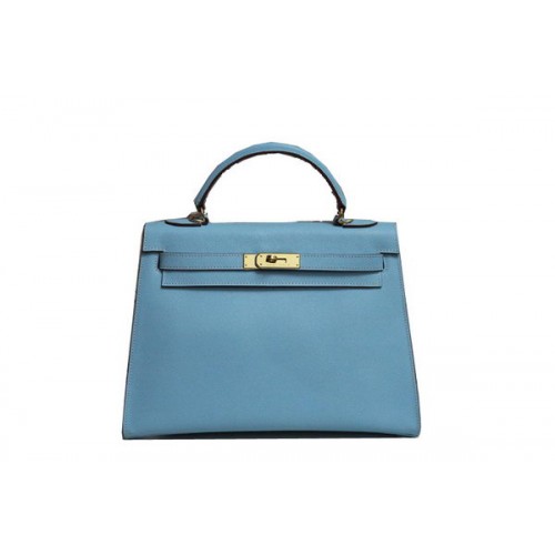 Hermes Kelly 32cm Shoulder Bag Light Blue Saffiano Leather K32 Gold