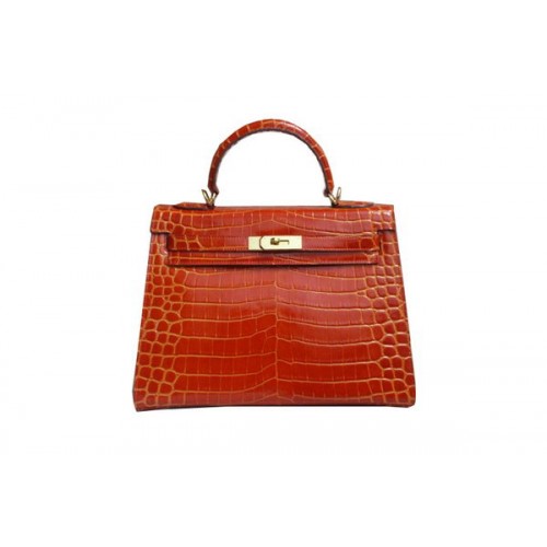 Hermes Kelly 32cm Shoulder Bag Orange Croco Patent Leather K32 Gold