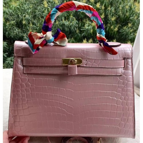 Hermes Kelly 32cm Shoulder Bag Pink Croco Leather K32CL Gold