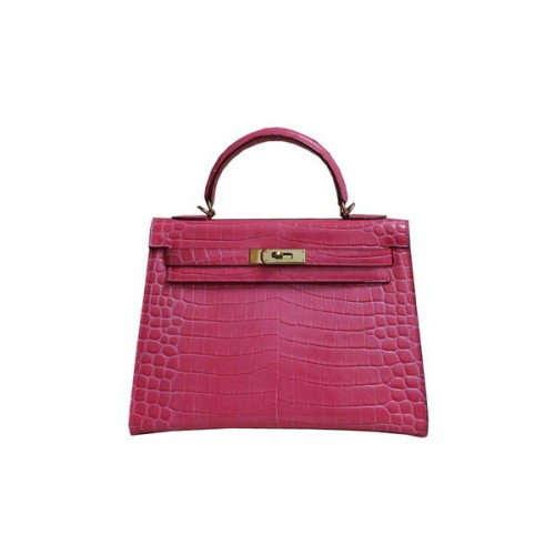 Hermes Kelly 32cm Shoulder Bag Pink Croco Patent Leather K32 Gold