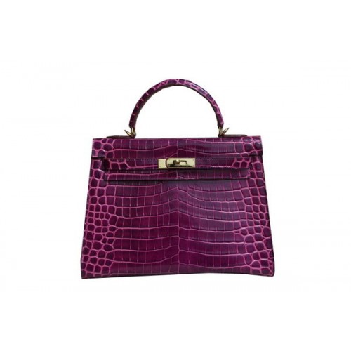 Hermes Kelly 32cm Shoulder Bag Purple Croco Patent Leather K32 Gold