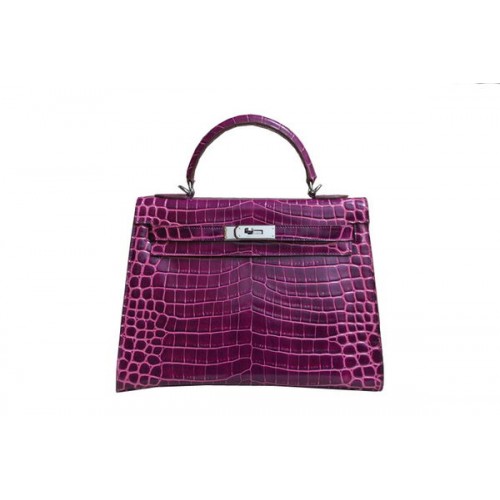 Hermes Kelly 32cm Shoulder Bag Purple Croco Patent Leather K32 Silver