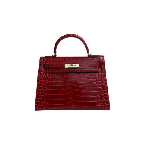 Hermes Kelly 32cm Shoulder Bag Red Croco Patent Leather K32 Gold