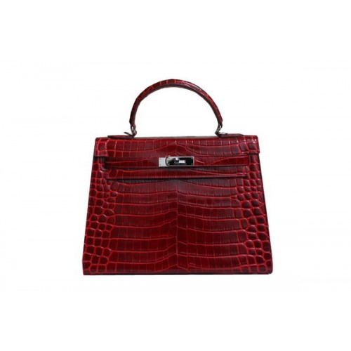 Hermes Kelly 32cm Shoulder Bag Red Croco Patent Leather K32 Silver