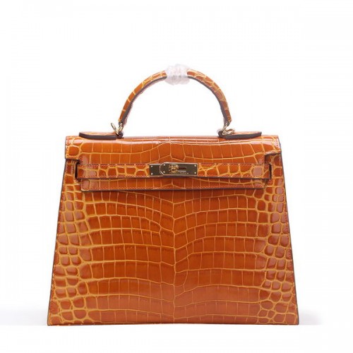 Hermes Kelly 32cm Shoulder Bag Wheat Croco Patent Leather K32 Gold