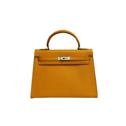 Hermes Kelly 32cm Shoulder Bag Yellow Saffiano Leather K32 Silver
