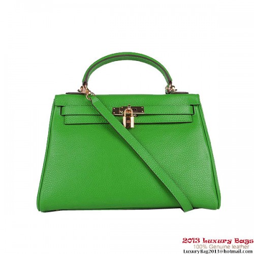 Hermes Kelly 32cm Shoulder Bags Green Clemence Leather Gold