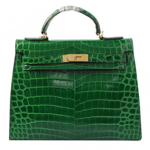 Hermes Kelly 32cm Shoulder Bags Green Iridescent Croco Leather Gold