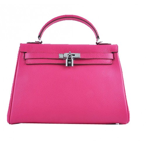 Hermes Kelly 32cm Shoulder Bags Rosy Grainy Leather Silver