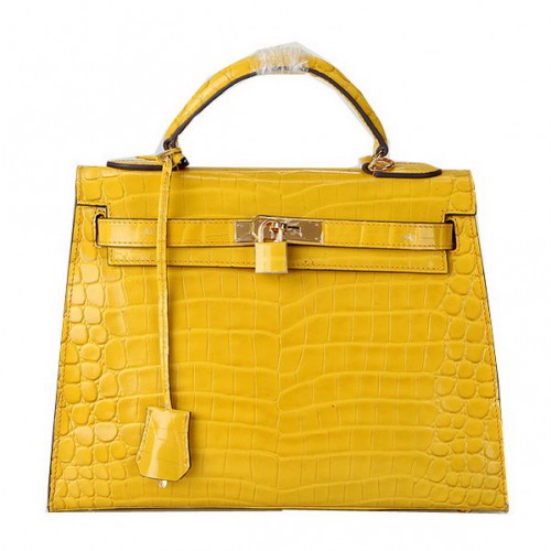 Hermes Kelly 32cm Shoulder Bags Yellow Iridescent Croco Leather Gold