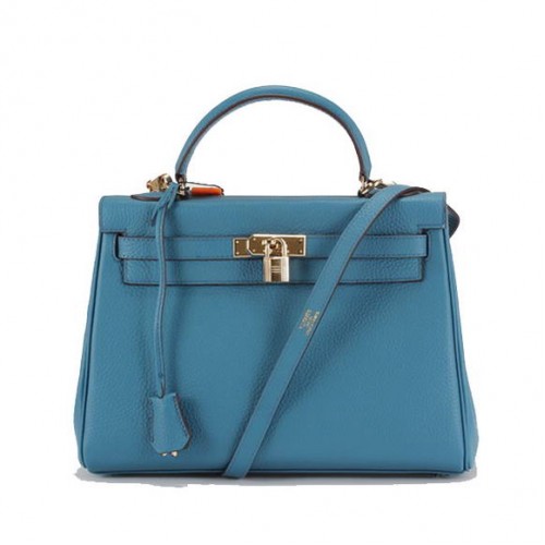 Hermes Kelly 32cm Togo Leather Handbags 6018 Blue Golden