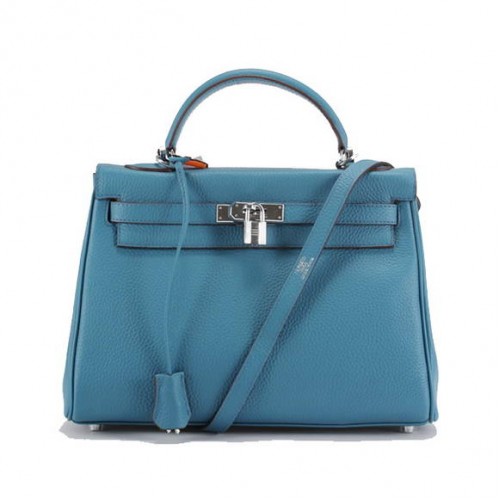 Hermes Kelly 32cm Togo Leather Handbags 6018 Blue Silver