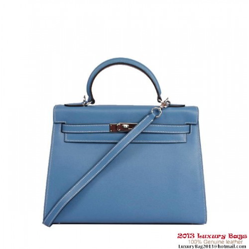 Hermes Kelly 32cm Top Handle Bag Blue Togo Leather Silver