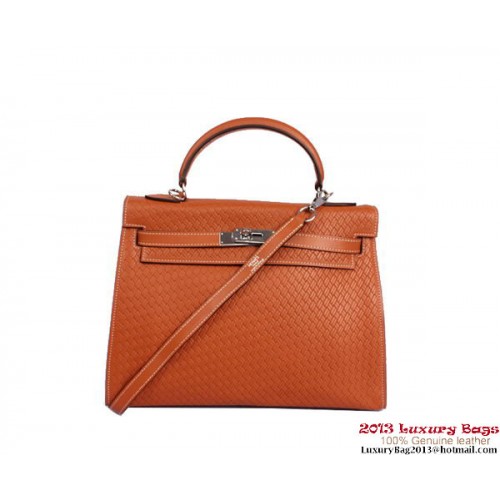 Hermes Kelly 32cm Top Handle Bag Camel Woven Leather Silver