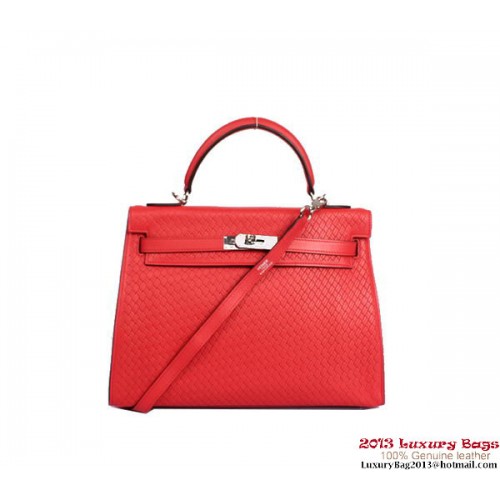 Hermes Kelly 32cm Top Handle Bag Light Red Woven Leather Silver