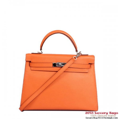 Hermes Kelly 32cm Top Handle Bag Orange Togo Leather Silver