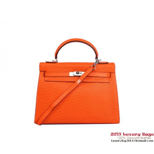 Hermes Kelly 32cm Top Handle Bag Orange Woven Leather Silver