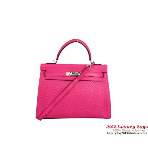 Hermes Kelly 32cm Top Handle Bag Rosy Woven Leather Silver