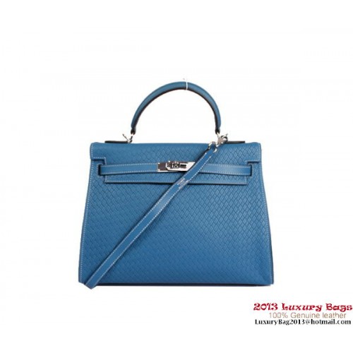 Hermes Kelly 32cm Top Handle Bag Royalblue Woven Leather Silver