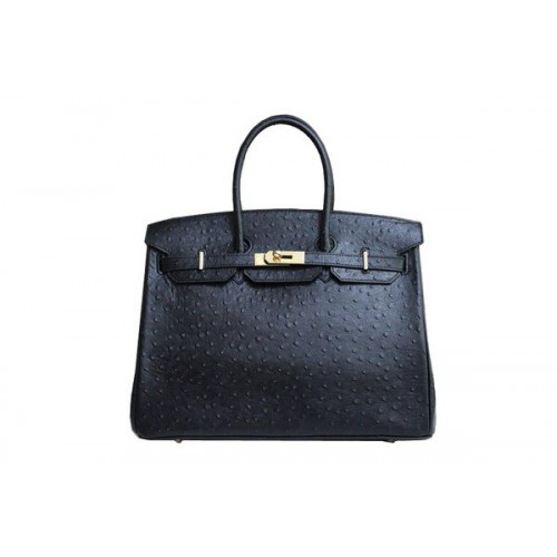Hermes Kelly 35cm Top Handle Bag Black Ostrich Leather Gold