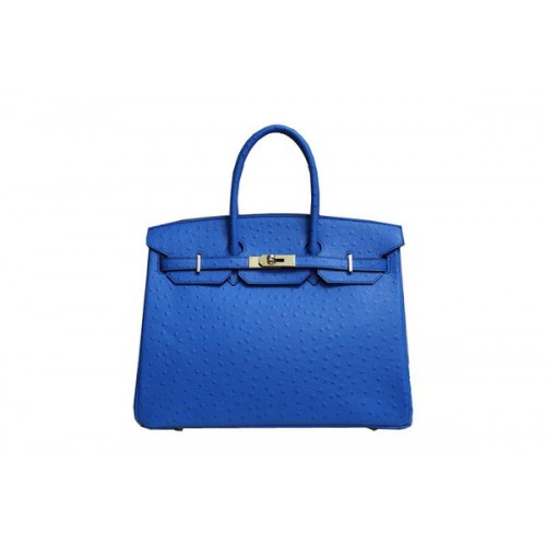 Hermes Kelly 35cm Top Handle Bag Blue Ostrich Leather Gold