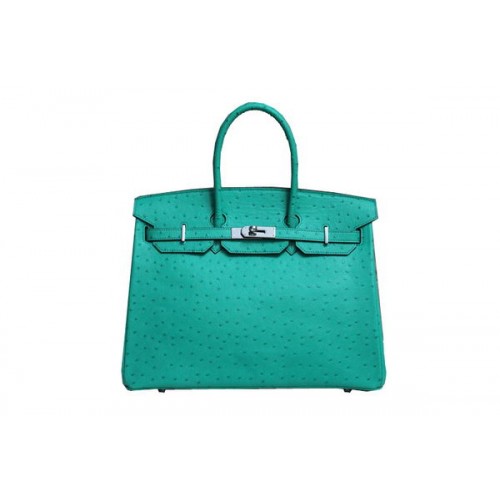 Hermes Kelly 35cm Top Handle Bag Green Ostrich Leather Silver