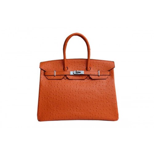 Hermes Kelly 35cm Top Handle Bag Orange Ostrich Leather Silver