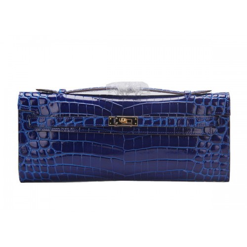 Hermes Kelly Clutch Bag Croco Leather K1002 Blue