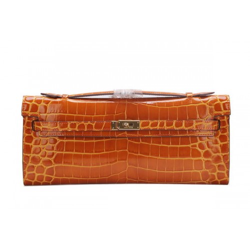 Hermes Kelly Clutch Bag Croco Leather K1002 Brown
