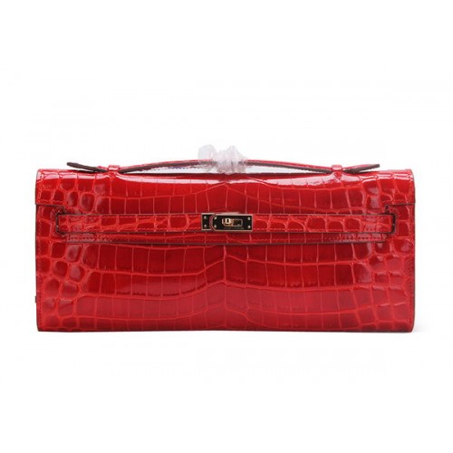 Hermes Kelly Clutch Bag Croco Leather K1002 Red