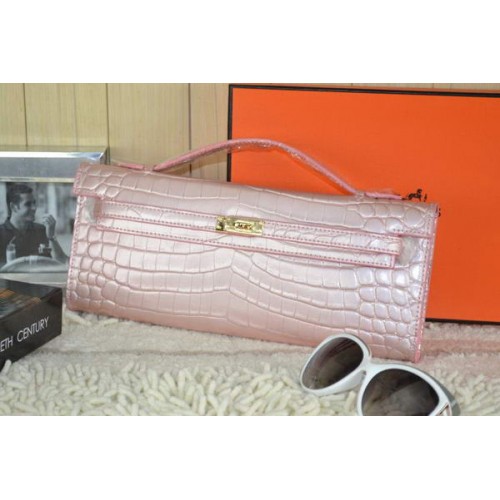 Hermes Kelly Clutch Bag Croco Leather K31 Light Pink