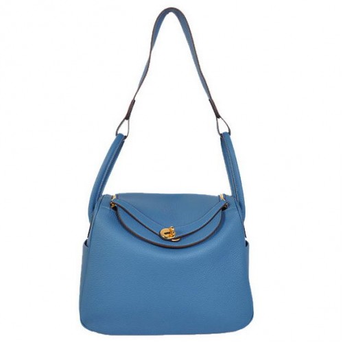 Hermes Lindy 30CM Havanne Handbags 1057 Blue Leather Golden Hardware