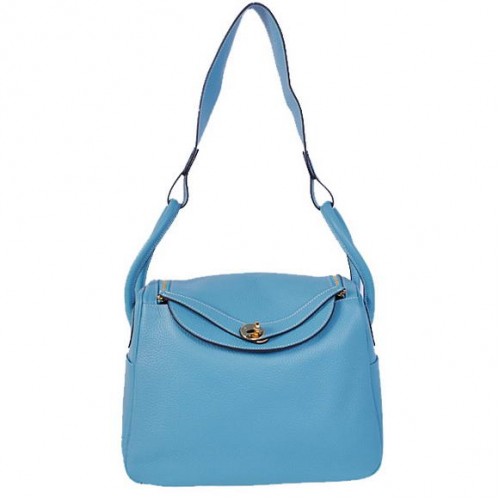 Hermes Lindy 30CM Havanne Handbags 1057 Light Blue Leather Golden Hardware