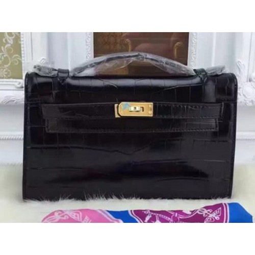Hermes MINI Kelly 22cm Tote Bag Croco Leather KL22 Black