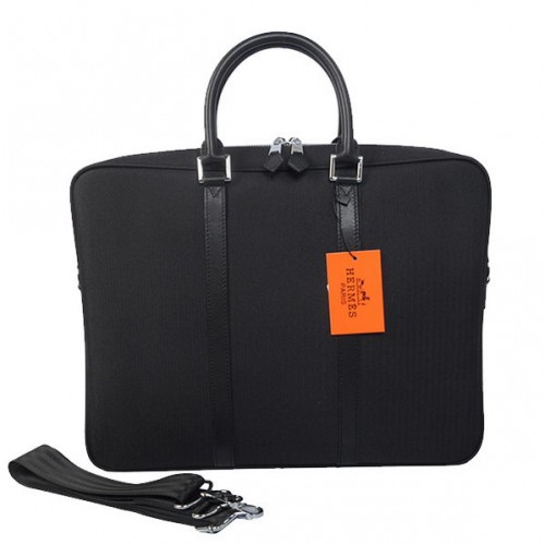 Hermes Mens Briefcase Canvas Leather H1656 Black