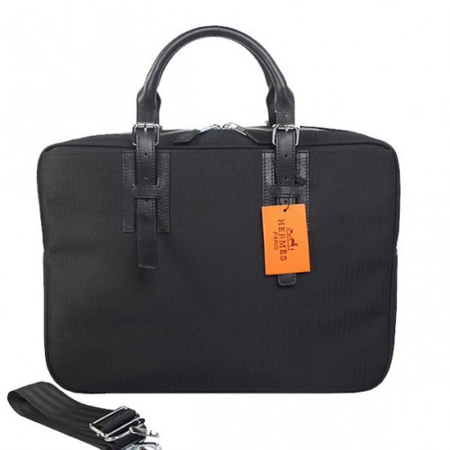 Hermes Mens Briefcase Canvas Leather H1702D Black