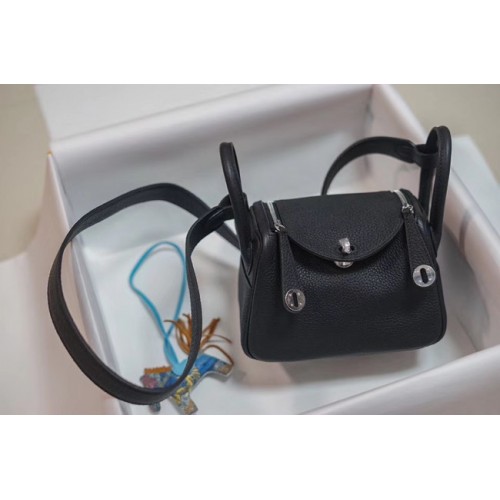 Hermes mini Lindy Togo Leather Bag LD19 black&Silver-Tone Metal