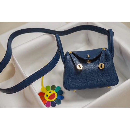 Hermes mini Lindy Togo Leather Bag LD19 blue&gold-Tone Metal