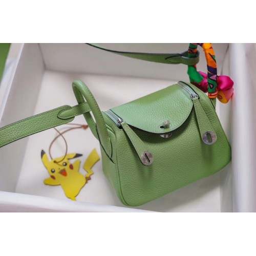 Hermes mini Lindy Togo Leather Bag LD19 green&Silver-Tone Metal