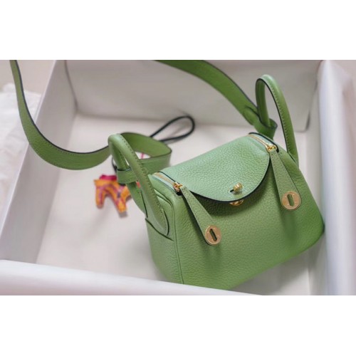 Hermes mini Lindy Togo Leather Bag LD19 green&gold-Tone Metal