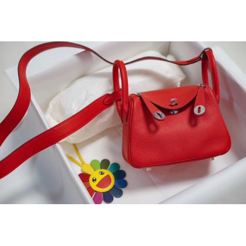 Hermes mini Lindy Togo Leather Bag LD19 red&Silver-Tone Metal
