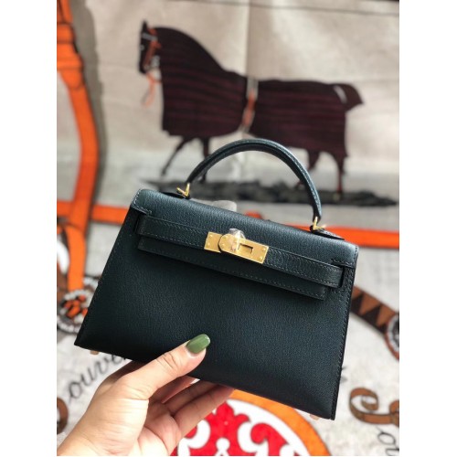 Hermes original mini Kelly chevre mysore K19CM Blackish green&Gold Metal