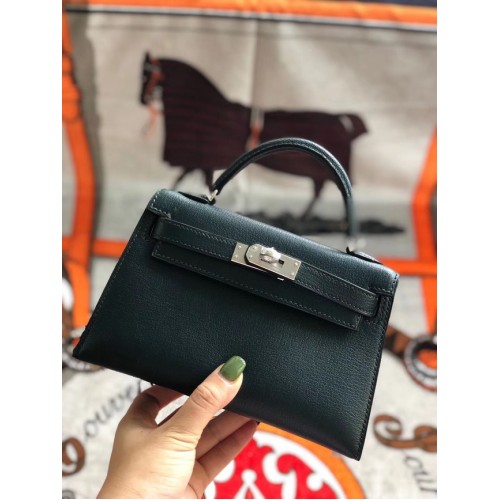 Hermes original mini Kelly chevre mysore K19CM Blackish green&silver Metal