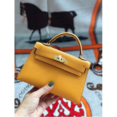 Hermes original mini Kelly chevre mysore K19CM Mango yellow&Gold Metal