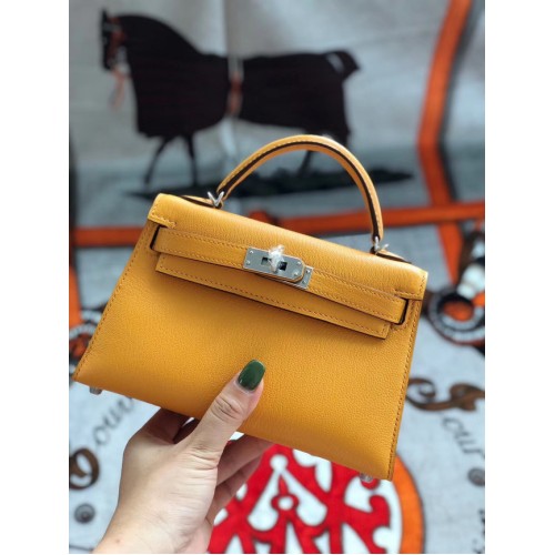 Hermes original mini Kelly chevre mysore K19CM Mango yellow&silver Metal