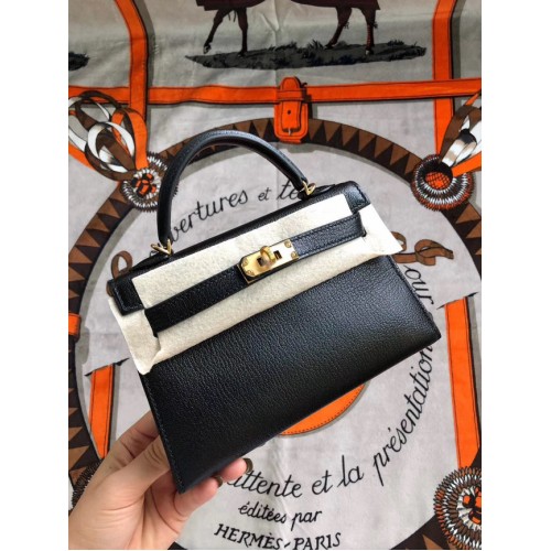 Hermes original mini Kelly chevre mysore K19CM black&Gold Metal