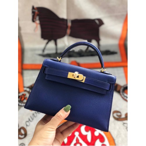 Hermes original mini Kelly chevre mysore K19CM blue&Gold Metal
