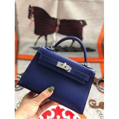 Hermes original mini Kelly chevre mysore K19CM blue&silver Metal